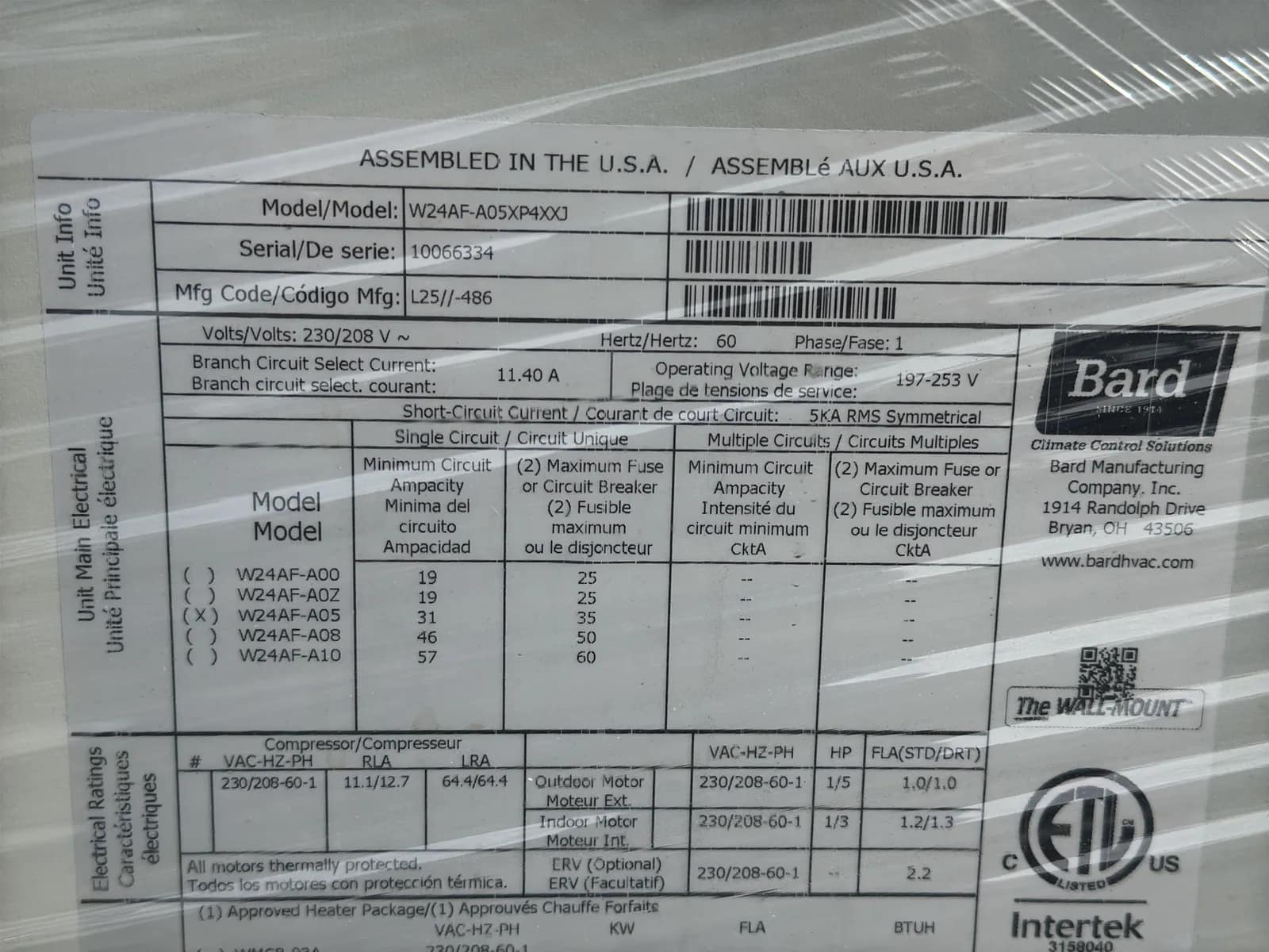Bard The Wall-Mount W24AF-A05 2.0 Ton Air Conditioner (Unused), photo 9 of 14