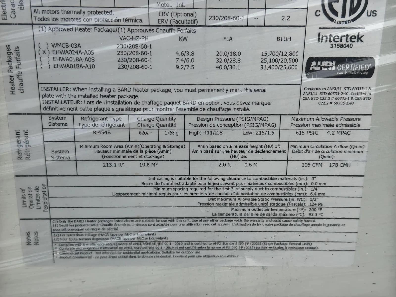 Bard The Wall-Mount W24AF-A05 2.0 Ton Air Conditioner (Unused), photo 11 of 14