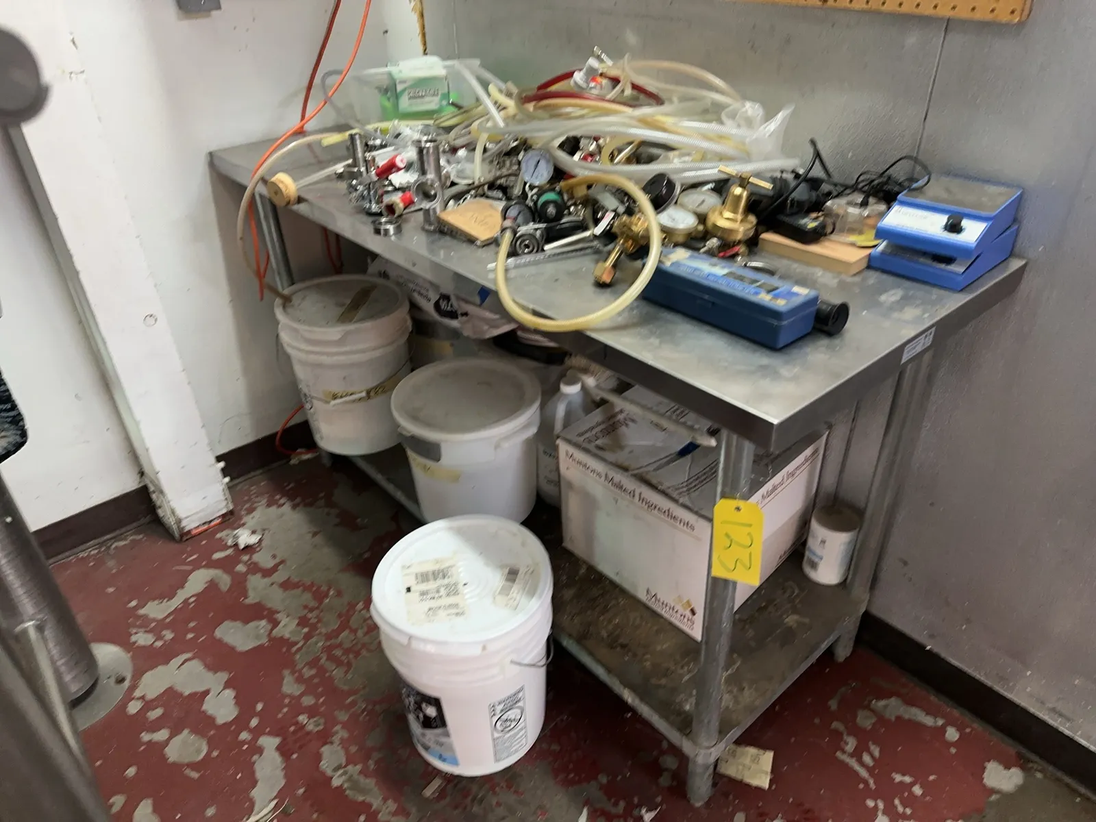Stainless Steel Prep Table With Contents: Gauges, Clamps, Magnetic Stirrers, And More, photo 1 of 12