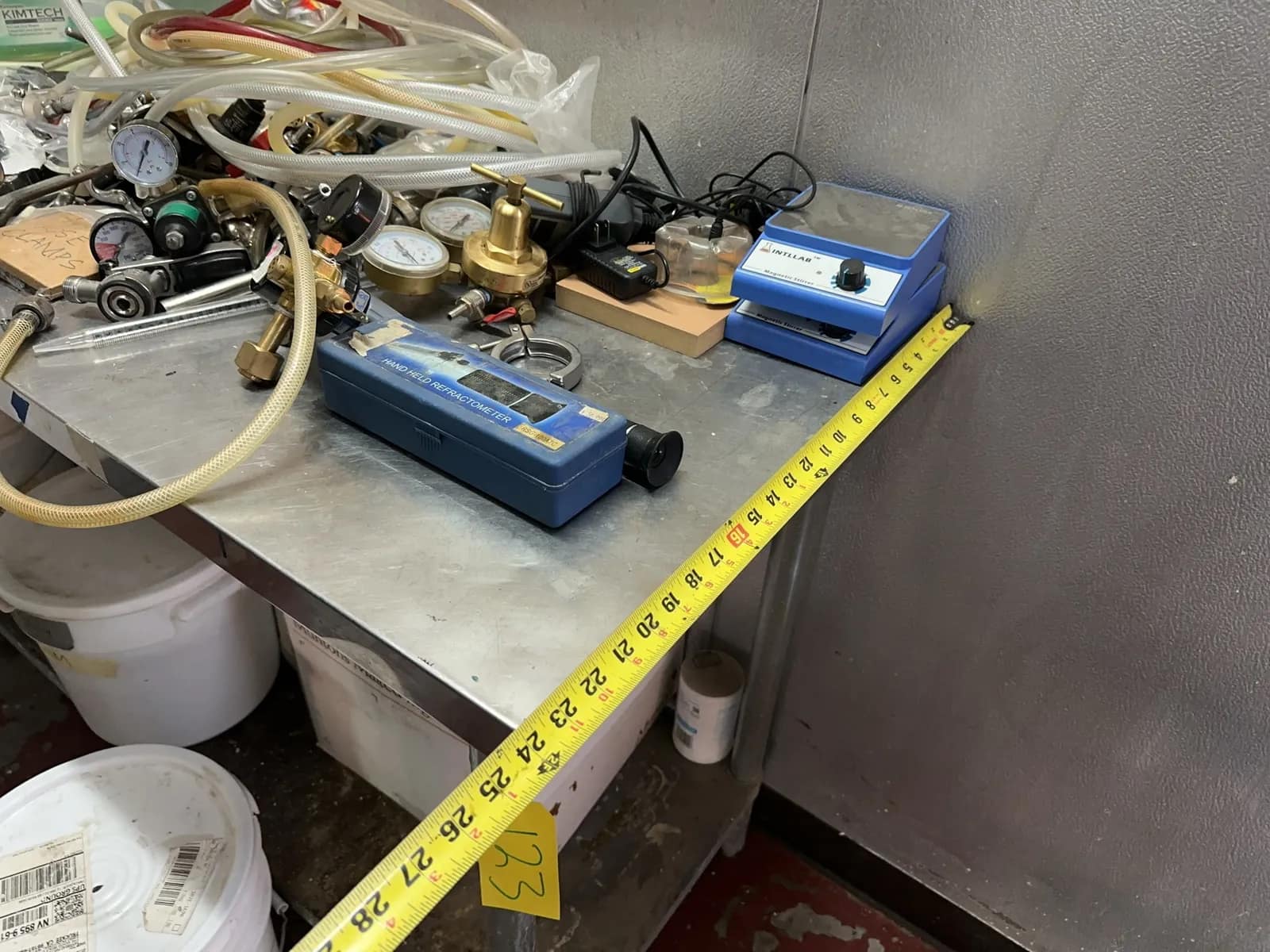 Stainless Steel Prep Table With Contents: Gauges, Clamps, Magnetic Stirrers, And More, photo 11 of 12