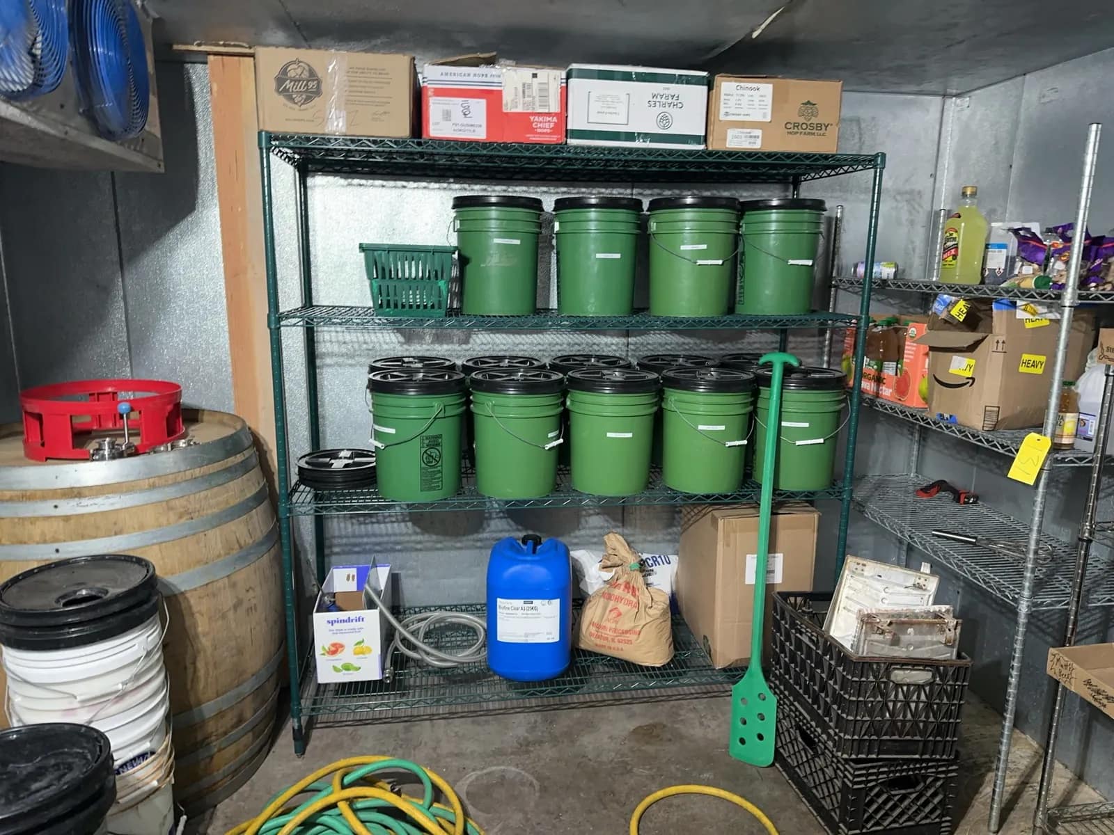 Contents Of Walk In: Buckets, Keg, Hoses, Wire Racks, Ingredients, And More, photo 1 of 11