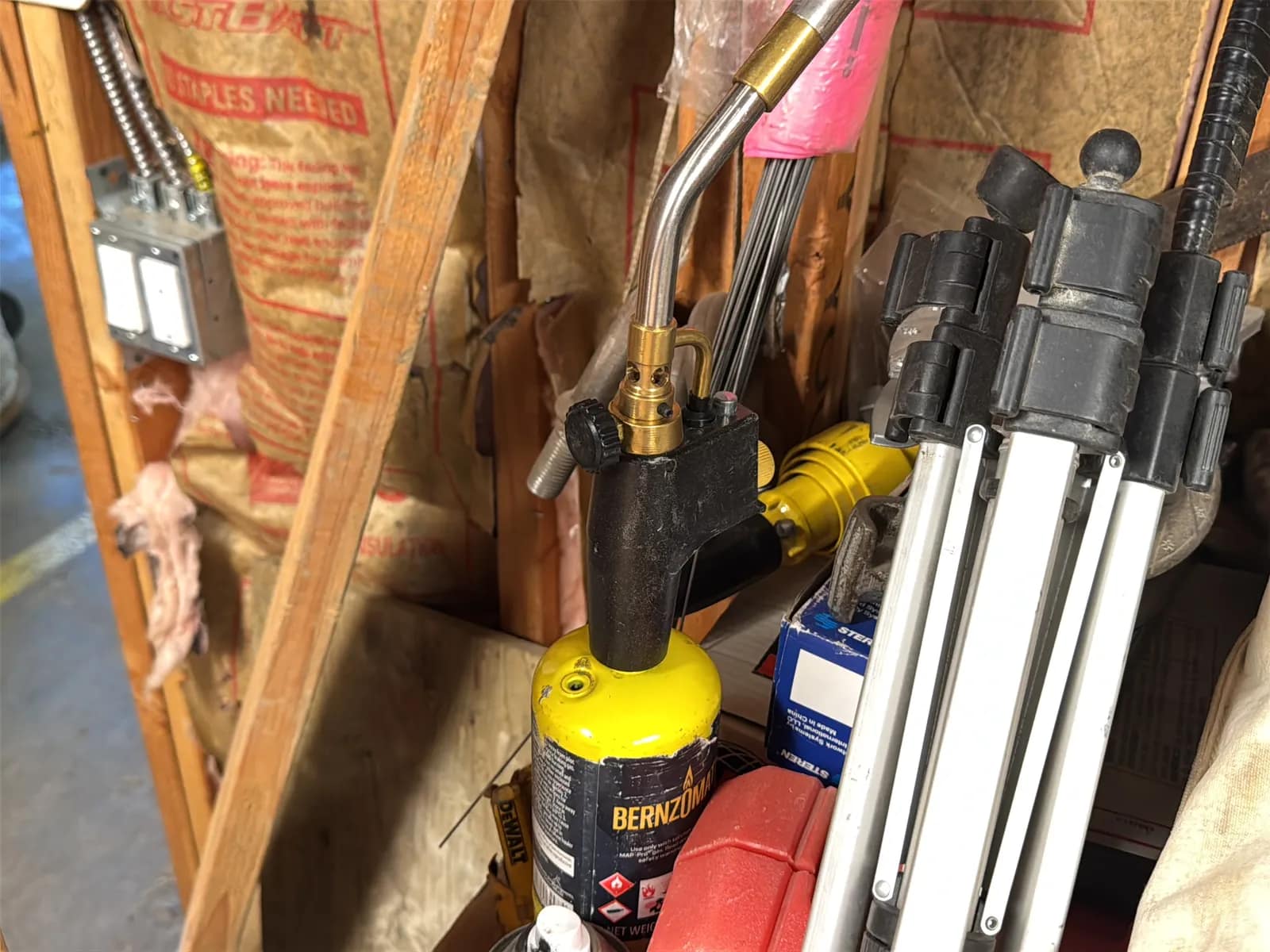 Contents Of Corner: Pipe Bender Heads, Gas Torch, C-Clamps, GreenLee 710 Metal Stud Punch, And Glove Bags, photo 6 of 11