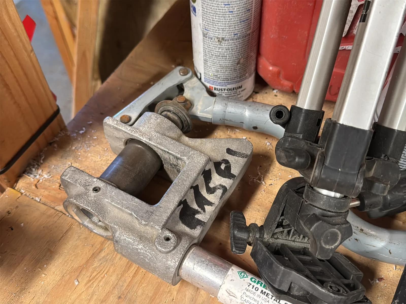 Contents Of Corner: Pipe Bender Heads, Gas Torch, C-Clamps, GreenLee 710 Metal Stud Punch, And Glove Bags, photo 4 of 11