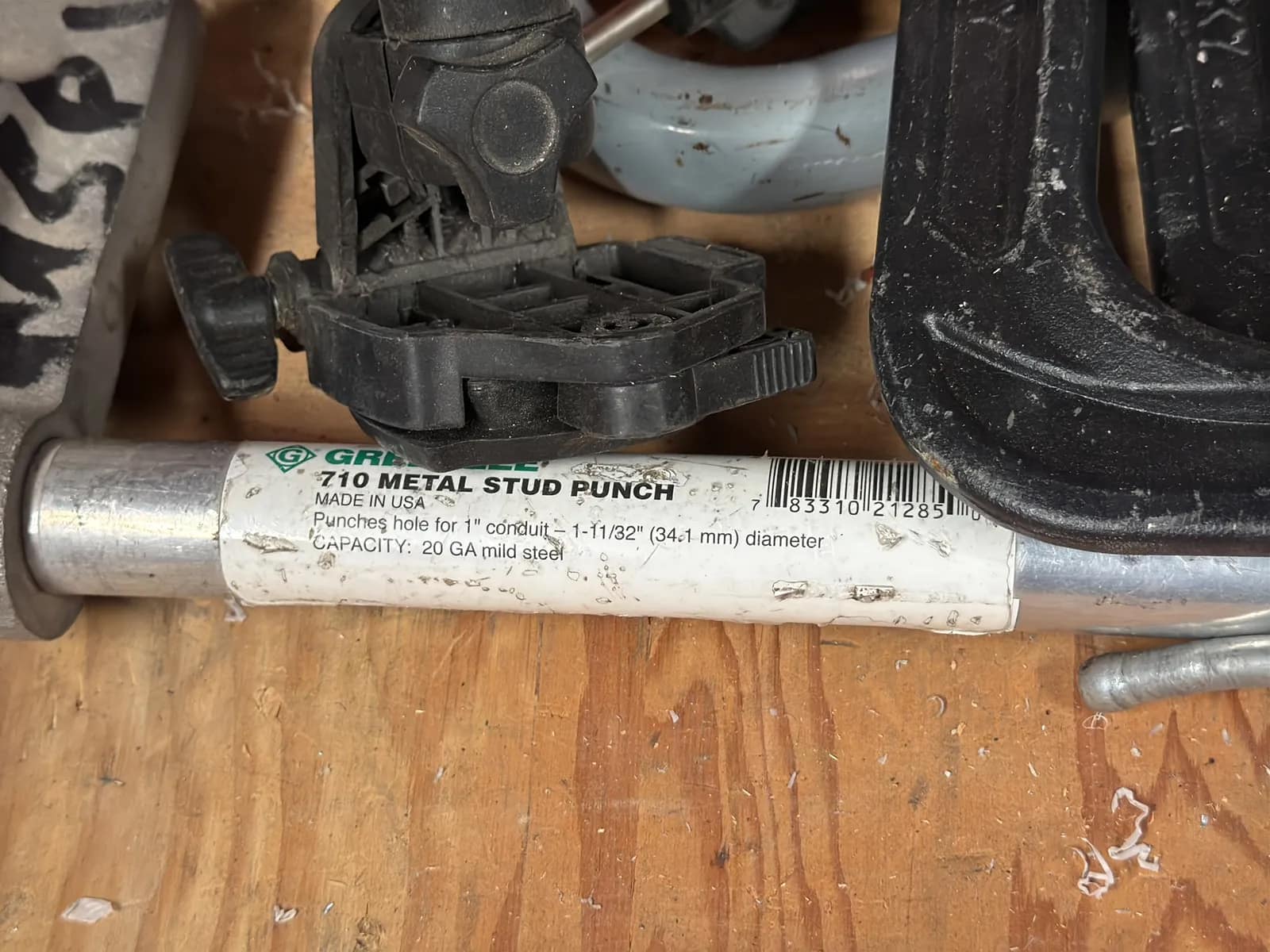Contents Of Corner: Pipe Bender Heads, Gas Torch, C-Clamps, GreenLee 710 Metal Stud Punch, And Glove Bags, photo 3 of 11
