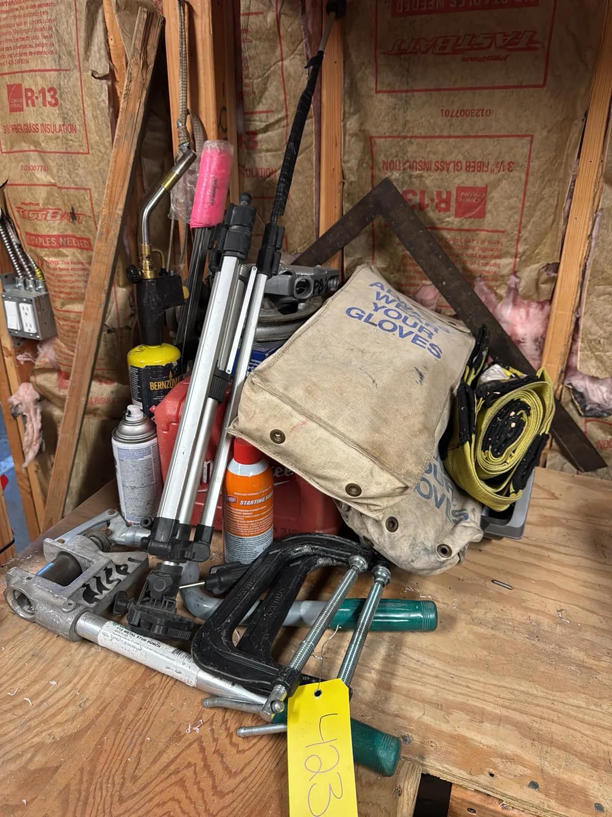 Contents Of Corner: Pipe Bender Heads, Gas Torch, C-Clamps, GreenLee 710 Metal Stud Punch, And Glove Bags, photo 1 of 11