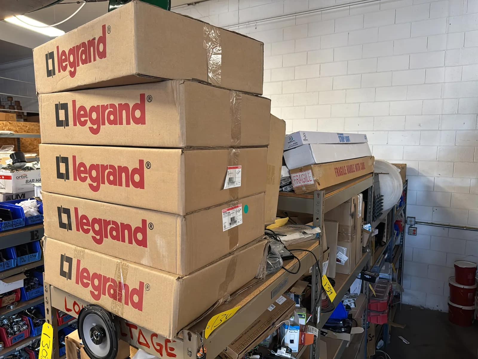 Contents Of (4) Top Shelves: Floor Resource Boxes, Strip Lighting Assorted Chemicals And More, photo 1 of 8