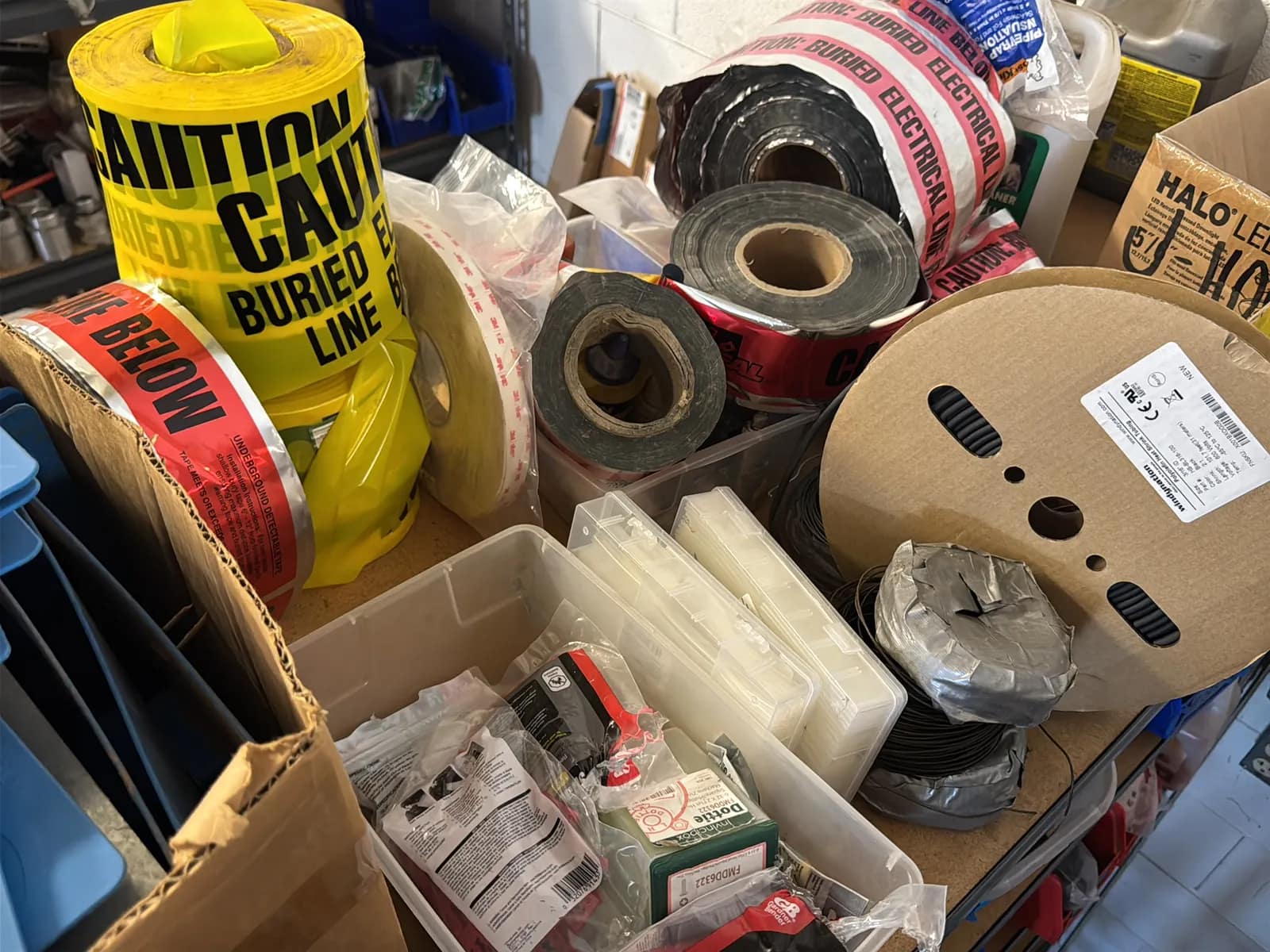 Contents Of (4) Top Shelves: Floor Resource Boxes, Strip Lighting Assorted Chemicals And More, photo 6 of 8