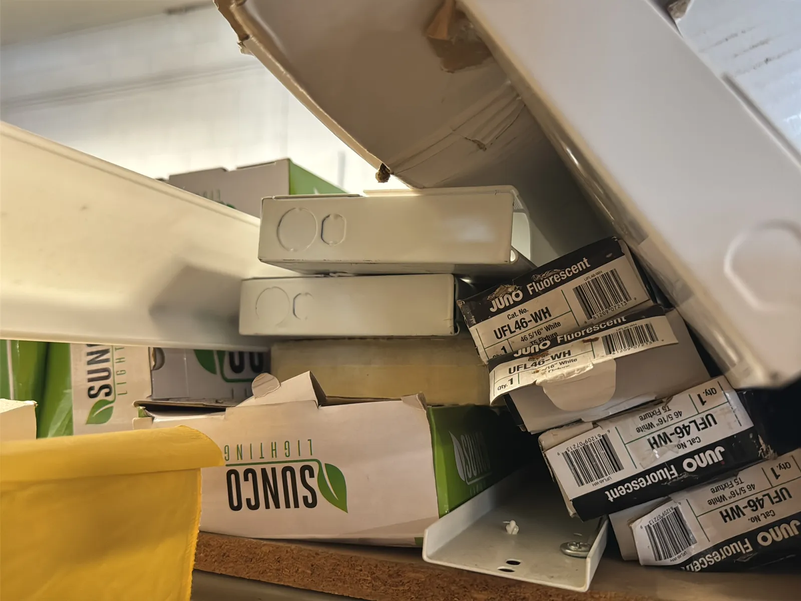 Contents Of (4) Top Shelves: Floor Resource Boxes, Strip Lighting Assorted Chemicals And More, photo 4 of 8