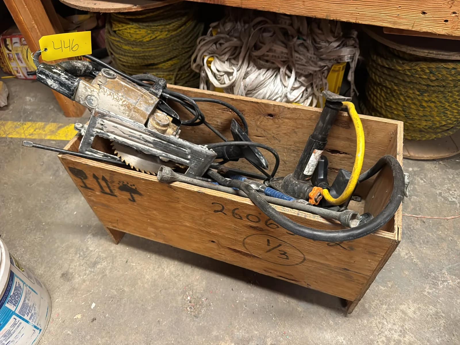 Crate And Contents: Saw, Star Wrenches, And Bottle Jack, photo 1 of 8
