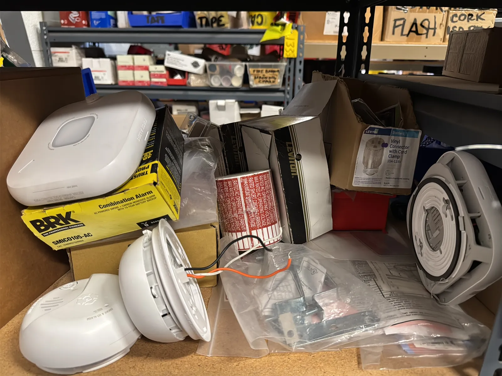 Contents Of (1) Shelf: Assorted Electrical Supply, High Voltage Hardware, Smoke Alarms And More, photo 9 of 13