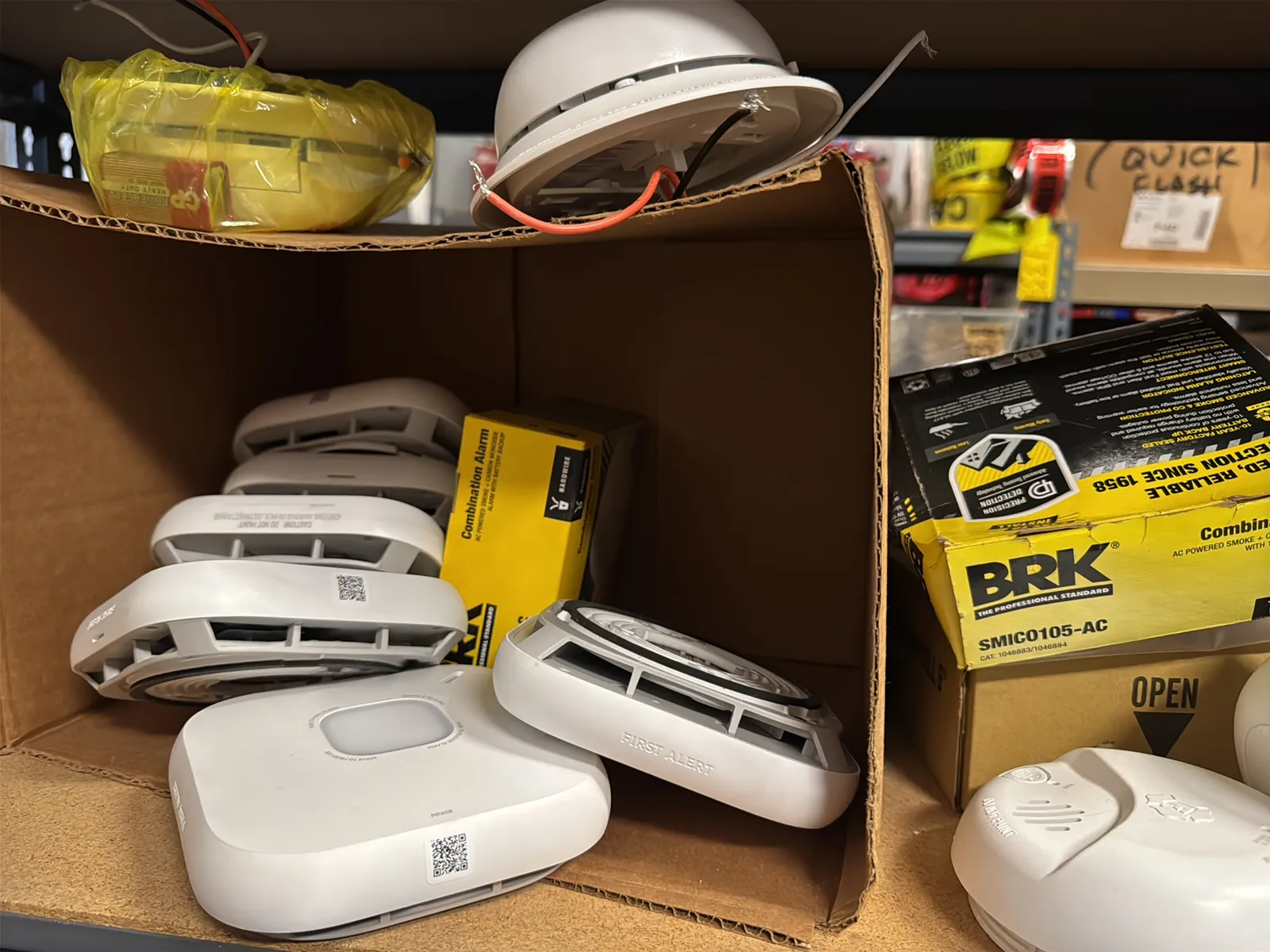 Contents Of (1) Shelf: Assorted Electrical Supply, High Voltage Hardware, Smoke Alarms And More, photo 10 of 13