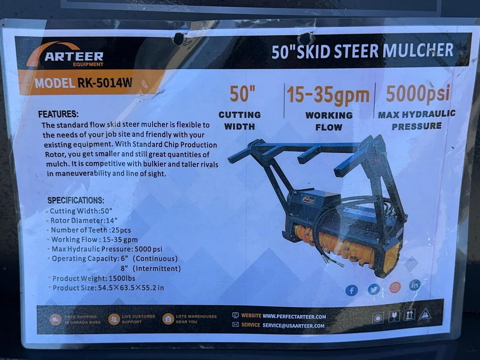 2026 Arteer RK-5014W 50" Skid Steer Mulcher (Unused), photo 13 of 14
