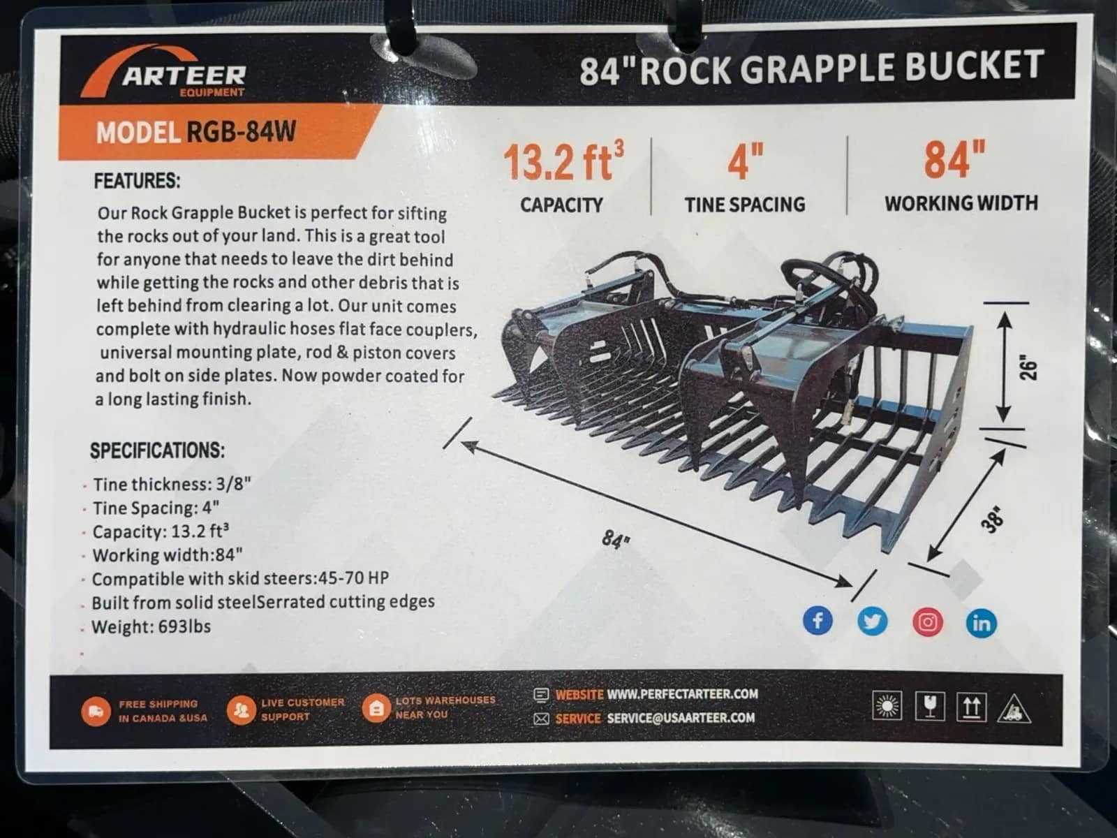 2026 Arteer RGB-84W 84" Rock Grapple Bucket (Unused), photo 11 of 13