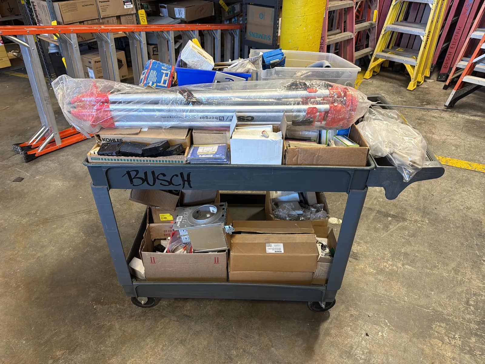 Haulmaster Rolling Cart And Contents: Electrical Supply, Breaker Switches, Light Fixture Boxes, And Cover Plates And Berger Tripod, photo 2 of 22