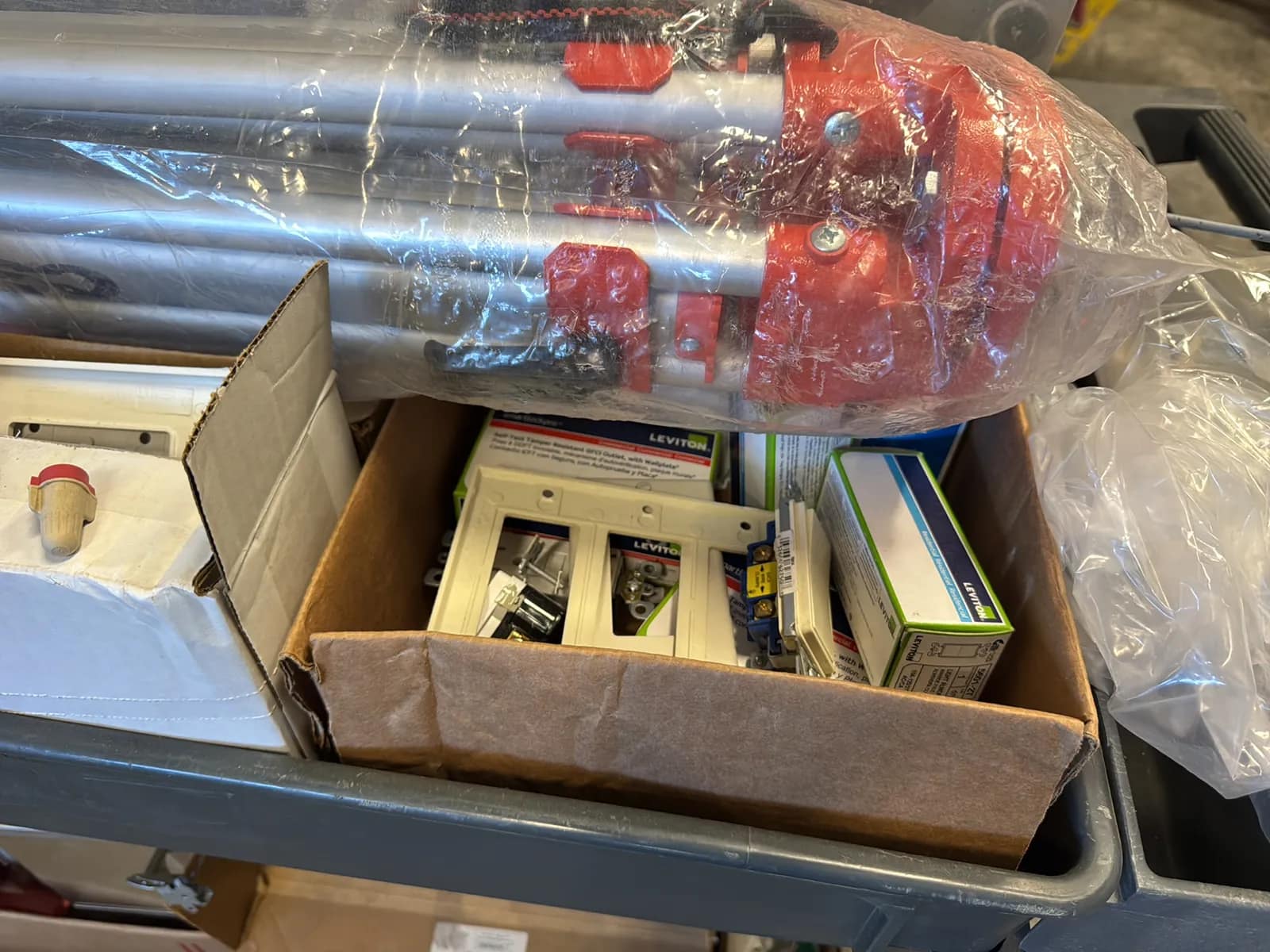 Haulmaster Rolling Cart And Contents: Electrical Supply, Breaker Switches, Light Fixture Boxes, And Cover Plates And Berger Tripod, photo 9 of 22