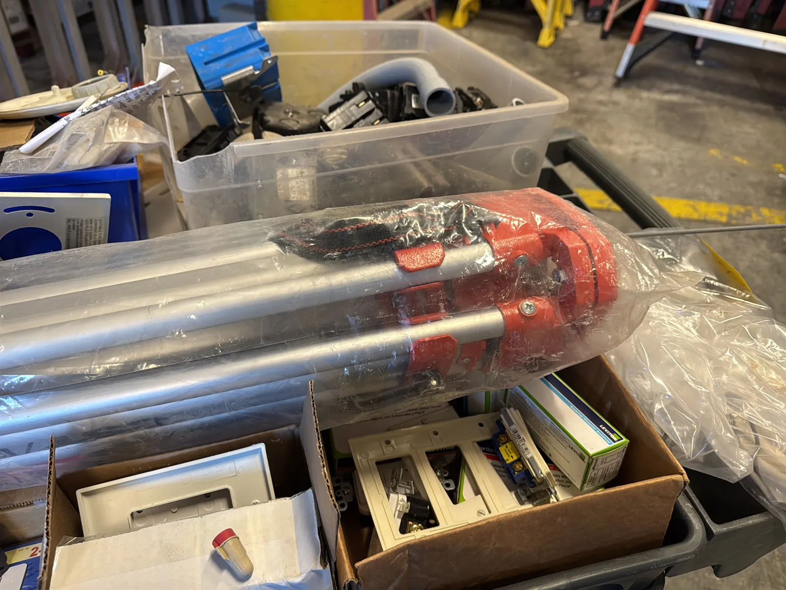 Haulmaster Rolling Cart And Contents: Electrical Supply, Breaker Switches, Light Fixture Boxes, And Cover Plates And Berger Tripod, photo 16 of 22