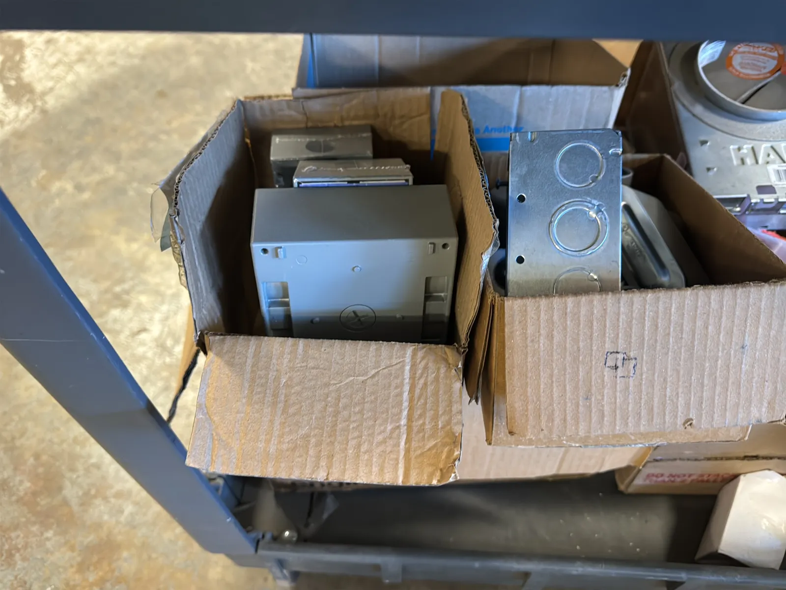 Haulmaster Rolling Cart And Contents: Electrical Supply, Breaker Switches, Light Fixture Boxes, And Cover Plates And Berger Tripod, photo 19 of 22