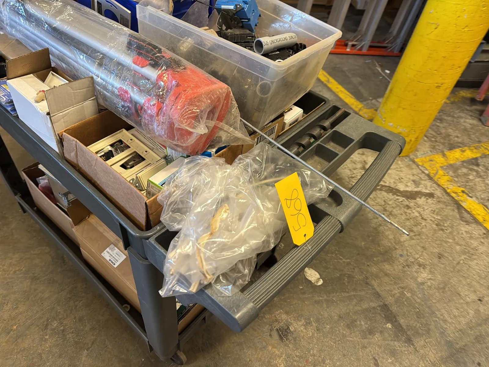 Haulmaster Rolling Cart And Contents: Electrical Supply, Breaker Switches, Light Fixture Boxes, And Cover Plates And Berger Tripod, photo 4 of 22