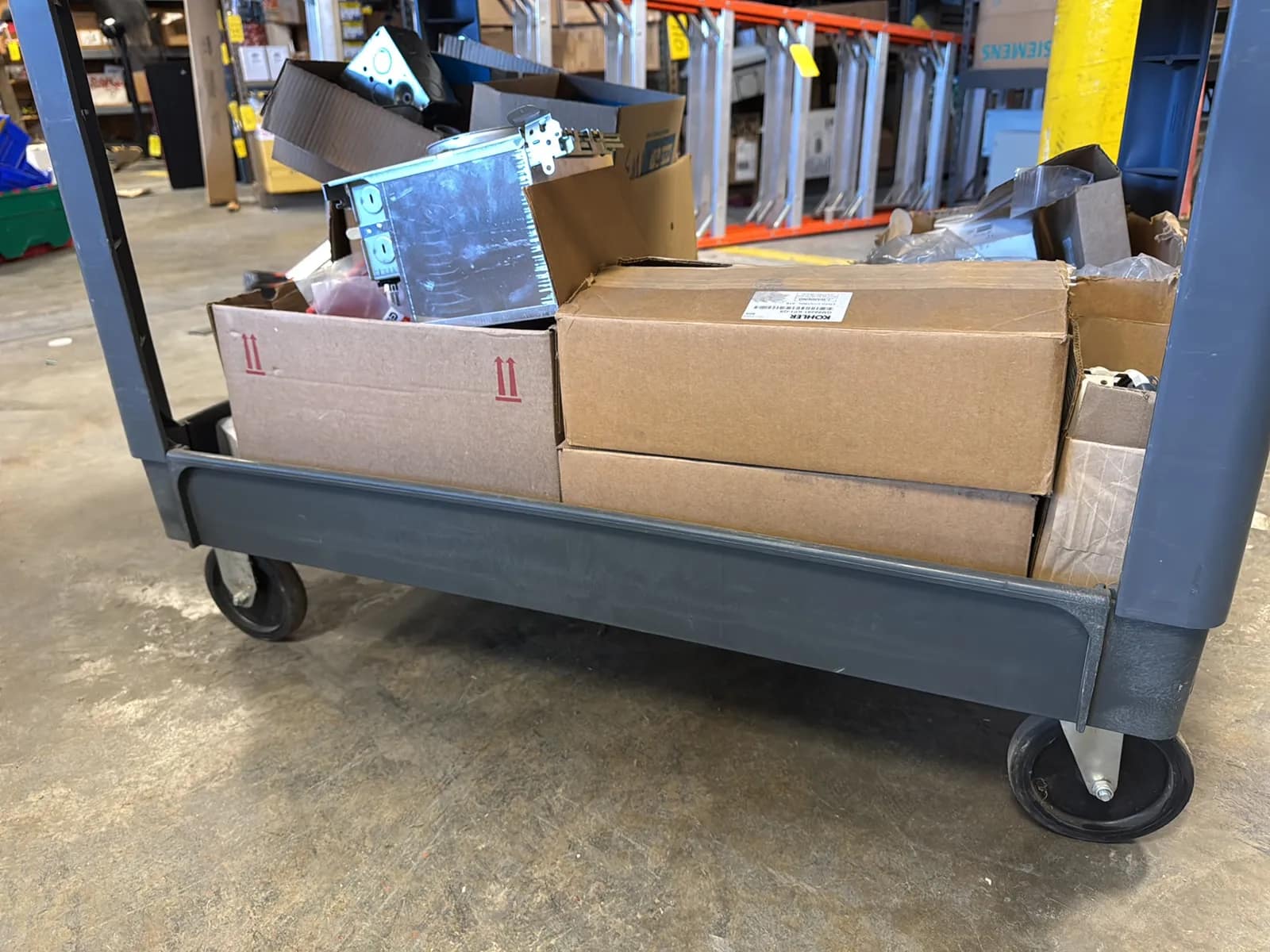 Haulmaster Rolling Cart And Contents: Electrical Supply, Breaker Switches, Light Fixture Boxes, And Cover Plates And Berger Tripod, photo 7 of 22