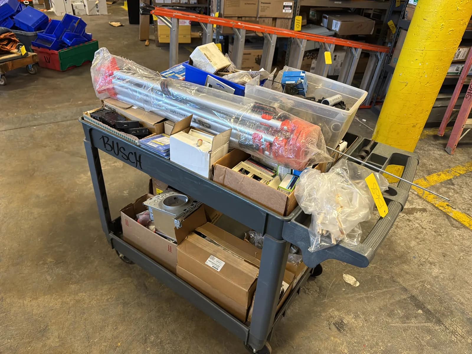 Haulmaster Rolling Cart And Contents: Electrical Supply, Breaker Switches, Light Fixture Boxes, And Cover Plates And Berger Tripod, photo 3 of 22