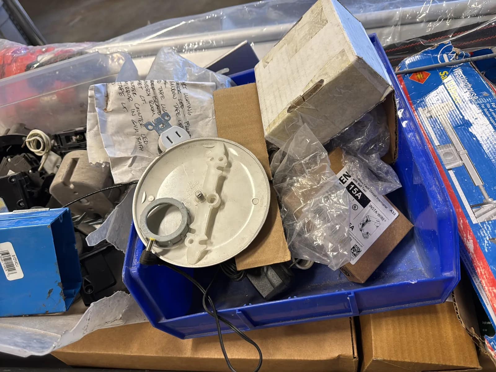 Haulmaster Rolling Cart And Contents: Electrical Supply, Breaker Switches, Light Fixture Boxes, And Cover Plates And Berger Tripod, photo 21 of 22
