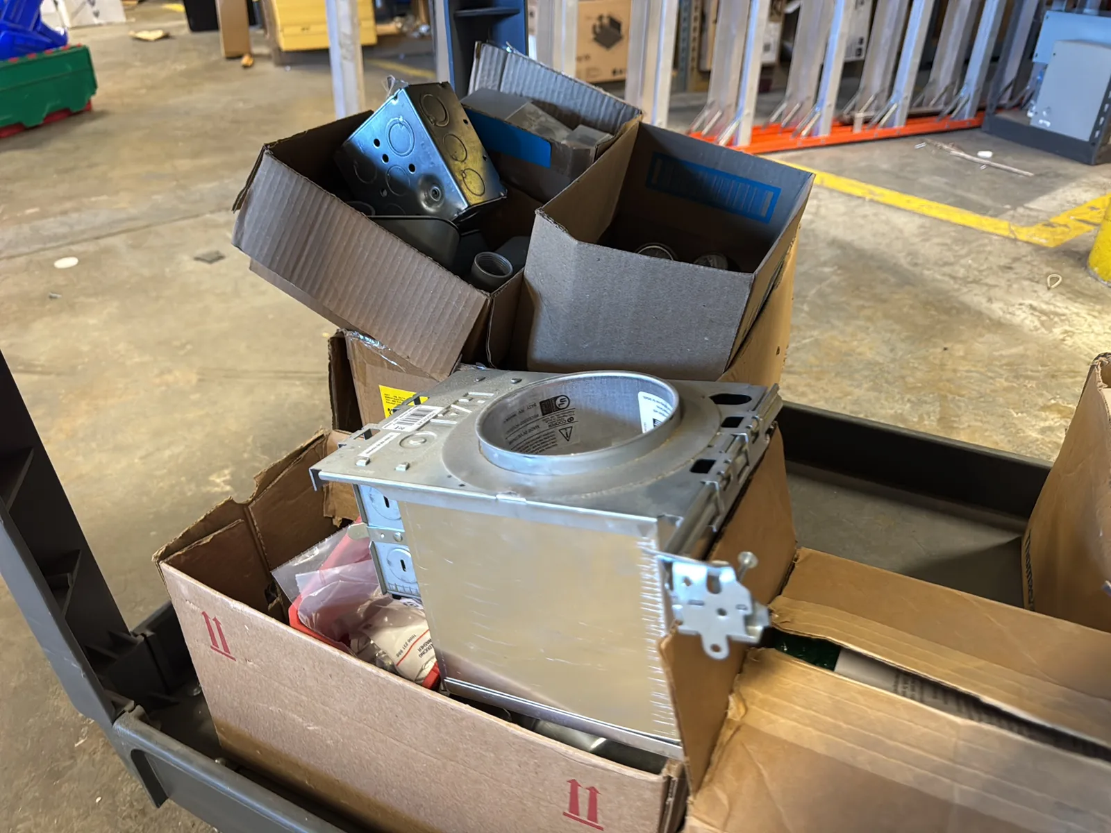 Haulmaster Rolling Cart And Contents: Electrical Supply, Breaker Switches, Light Fixture Boxes, And Cover Plates And Berger Tripod, photo 8 of 22