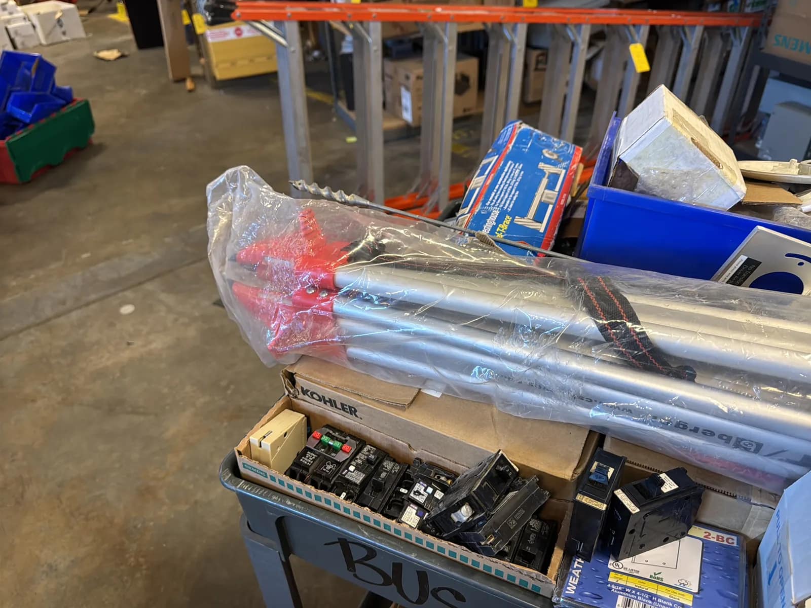 Haulmaster Rolling Cart And Contents: Electrical Supply, Breaker Switches, Light Fixture Boxes, And Cover Plates And Berger Tripod, photo 17 of 22