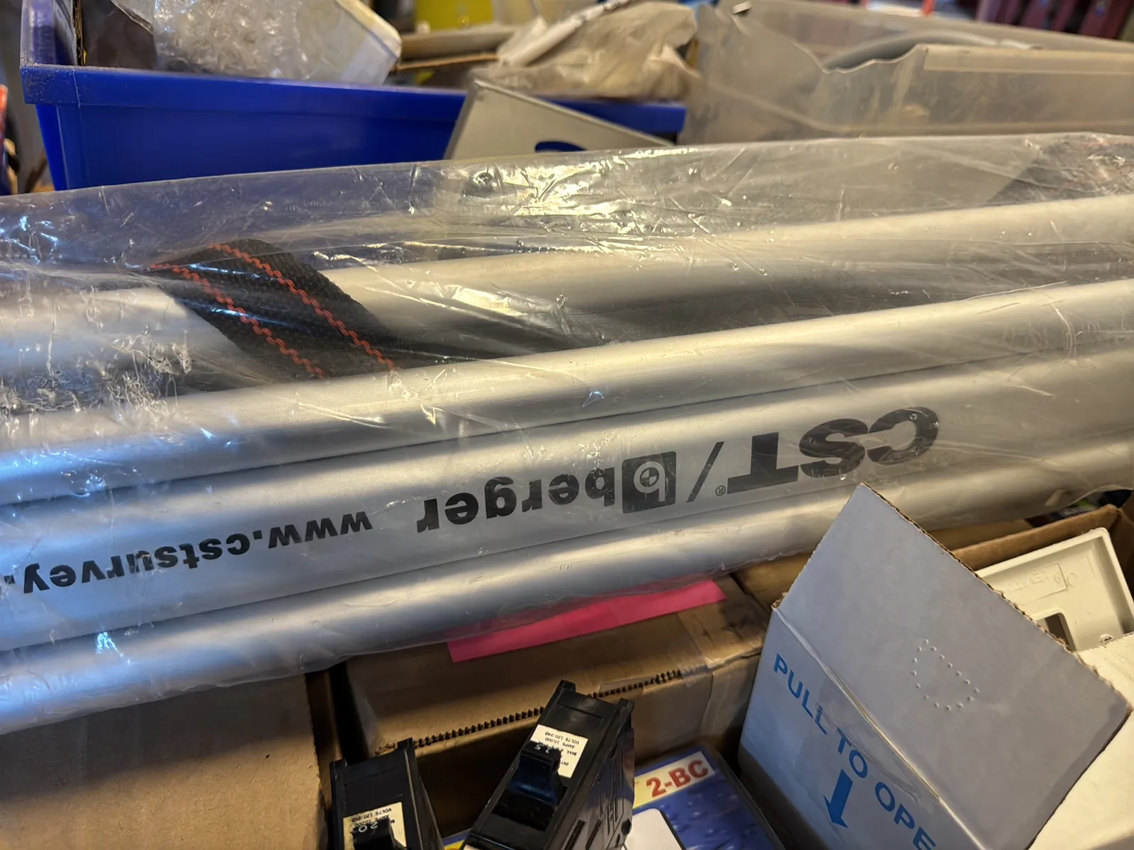 Haulmaster Rolling Cart And Contents: Electrical Supply, Breaker Switches, Light Fixture Boxes, And Cover Plates And Berger Tripod, photo 18 of 22