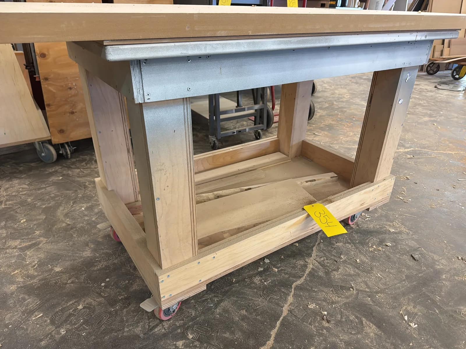 4’ Rolling Wooden Cart With Contents: 97” Wood Slab, photo 2 of 7