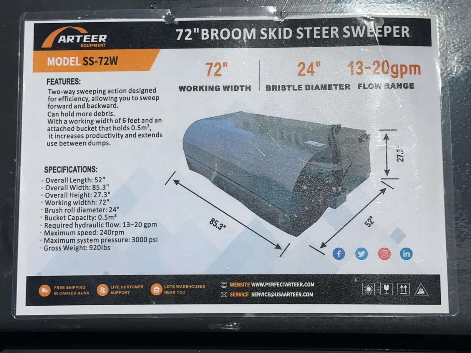 2026 Arteer SS-72W 72" Broom Skid Steer Sweeper (Unused), photo 12 of 12