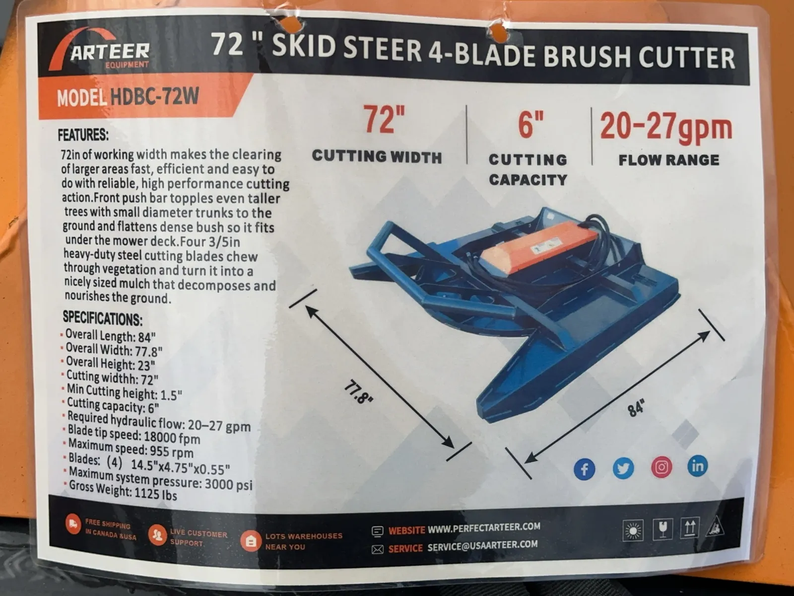 2026 Arteer HDBC-72W 72" Skid Steer 4-Blade Brush Cutter (Unused), photo 14 of 15
