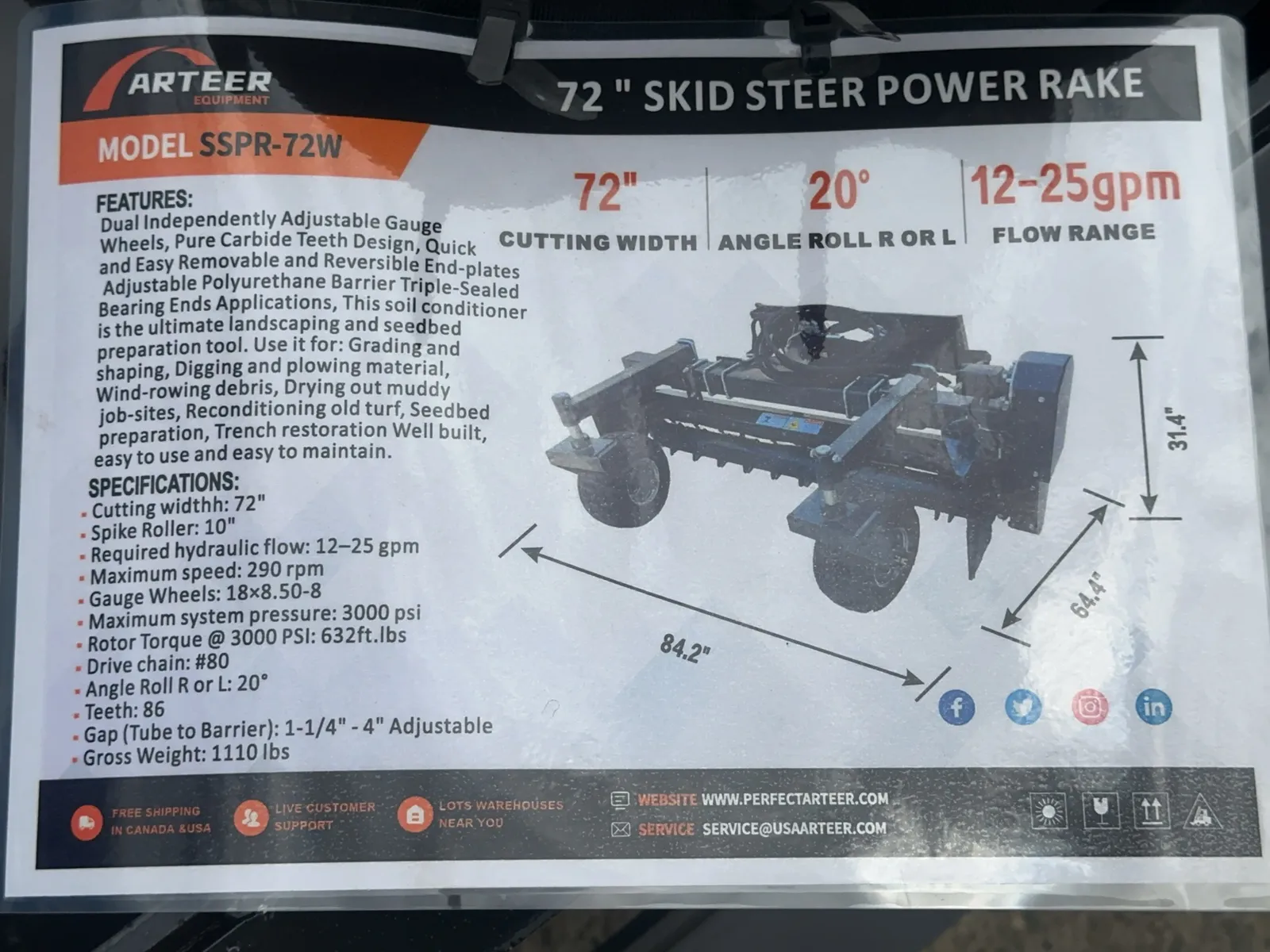 2026 Arteer SSPR-72W 72" Skid Steer Power Rake (Unused), photo 17 of 18