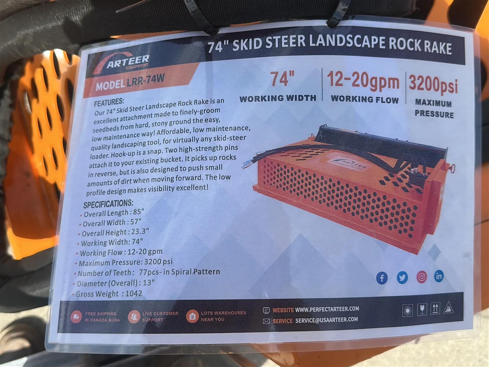 2026 Arteer LRR-74W 74" Skid Steer Landscape Rock Rake (Unused), photo 11 of 15