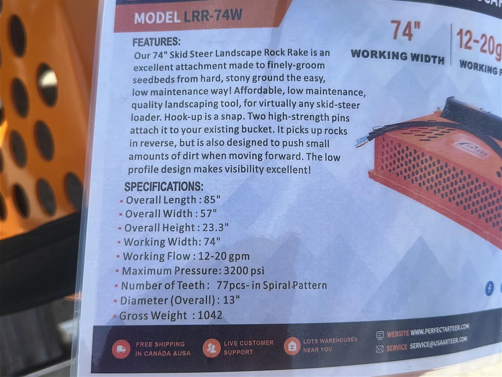 2026 Arteer LRR-74W 74" Skid Steer Landscape Rock Rake (Unused), photo 12 of 15