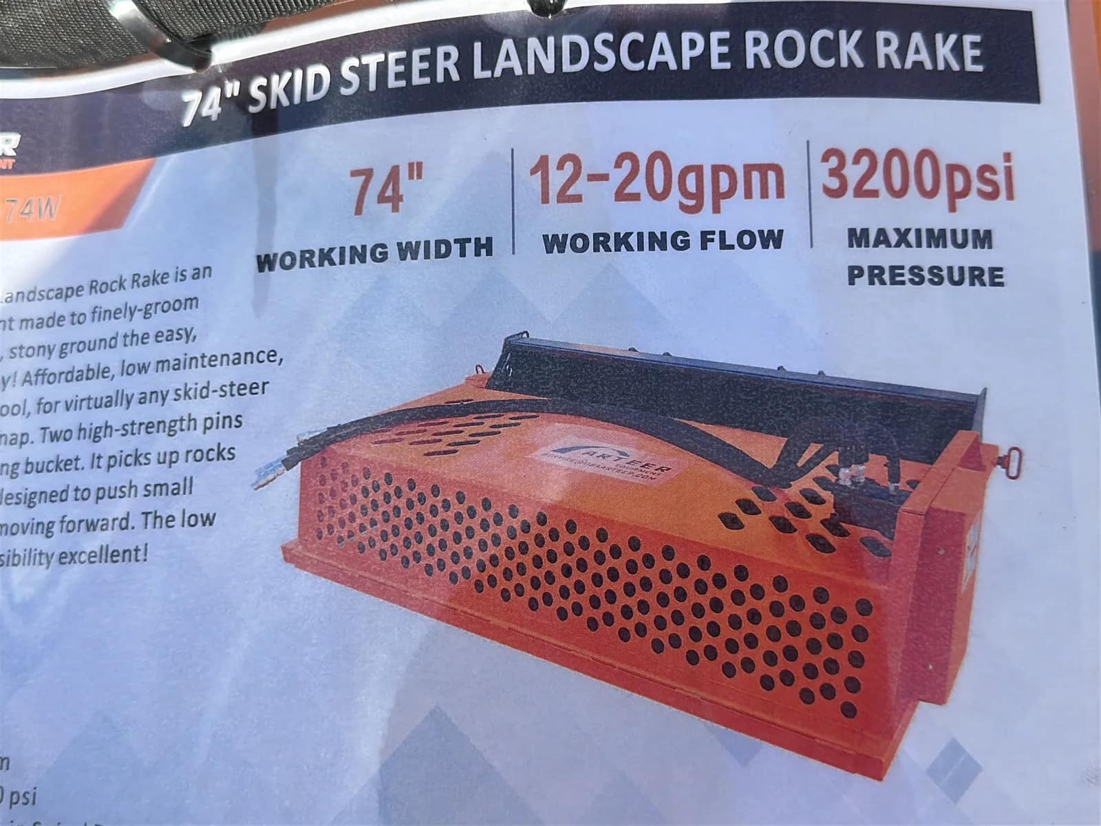 2026 Arteer LRR-74W 74" Skid Steer Landscape Rock Rake (Unused), photo 13 of 15