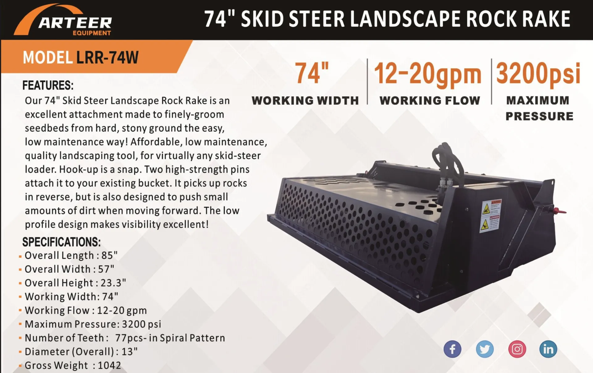 2026 Arteer LRR-74W 74" Skid Steer Landscape Rock Rake (Unused), photo 15 of 15