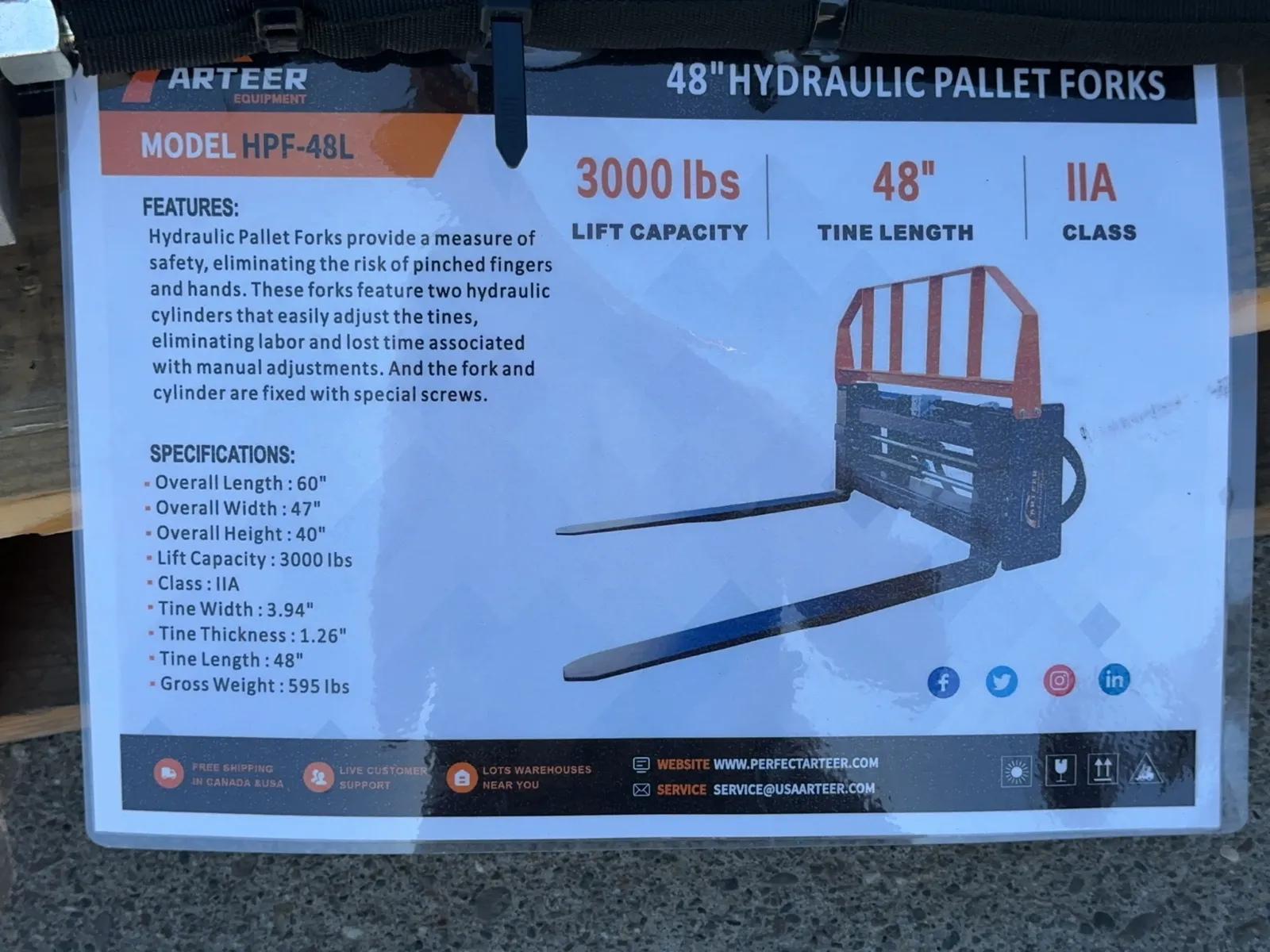 2026 Arteer HPF-48L 48" Hydraulic Skid Steer Fork Attachment (Unused), photo 11 of 11