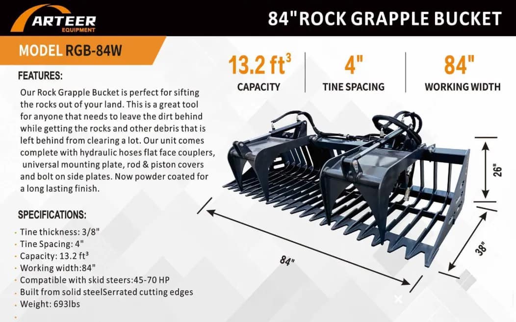 2026 Arteer RGB-84W 84" Rock Grapple Bucket (Unused), photo 1 of 13