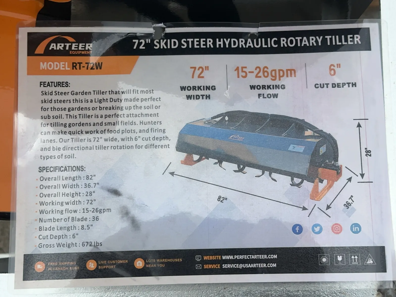 2026 Arteer RT-72W 72" Skid Steer Hydraulic Rotary Tiller (Unused), photo 11 of 11