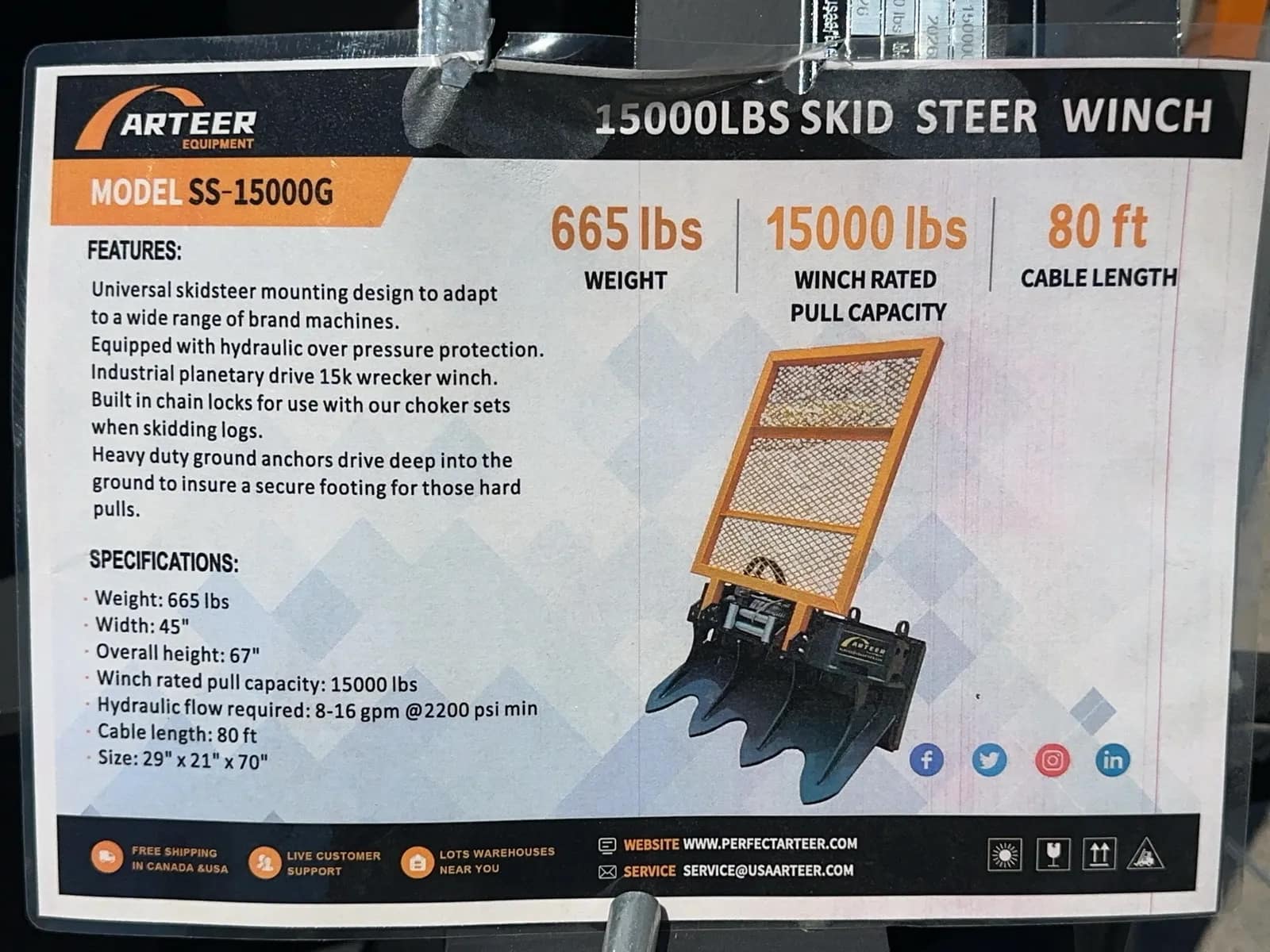 2026 Arteer SS-15000G 15000Lbs Skid Steer Hydraulic Logging Winch (Unused), photo 14 of 16
