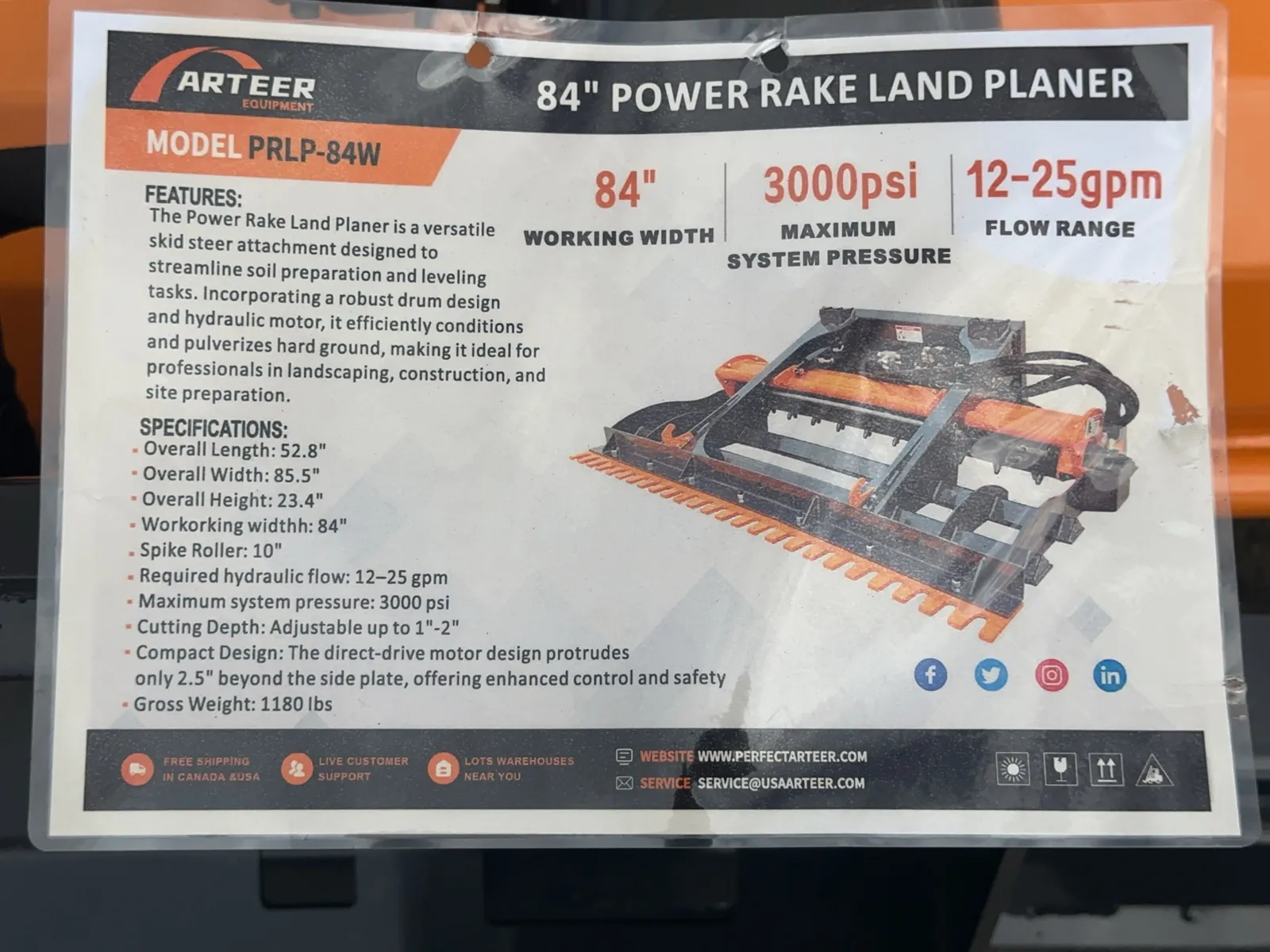 2026 Arteer PRLP-84W 84" Skid Steer Power Rake Land Planer (Unused), photo 16 of 17