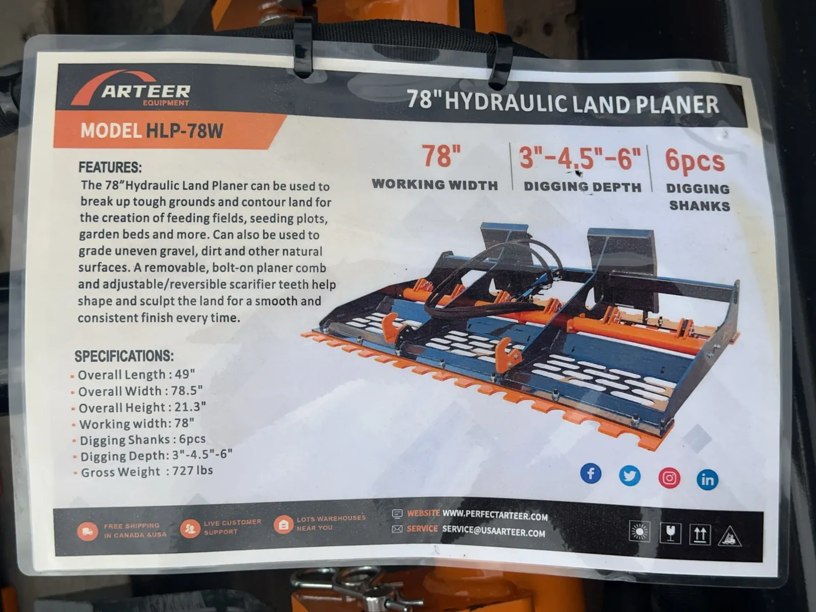 2026 Arteer HLP-78W 78" Hydraulic Skid Steer Land Plane (Unused), photo 15 of 16