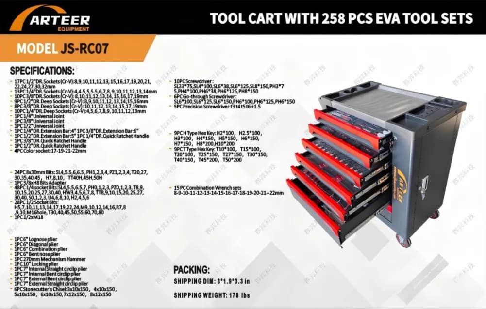 2026 Arteer JS-RC07 Tool Cart with 258 PCS EVA Tools Set (Unused), photo 1 of 4