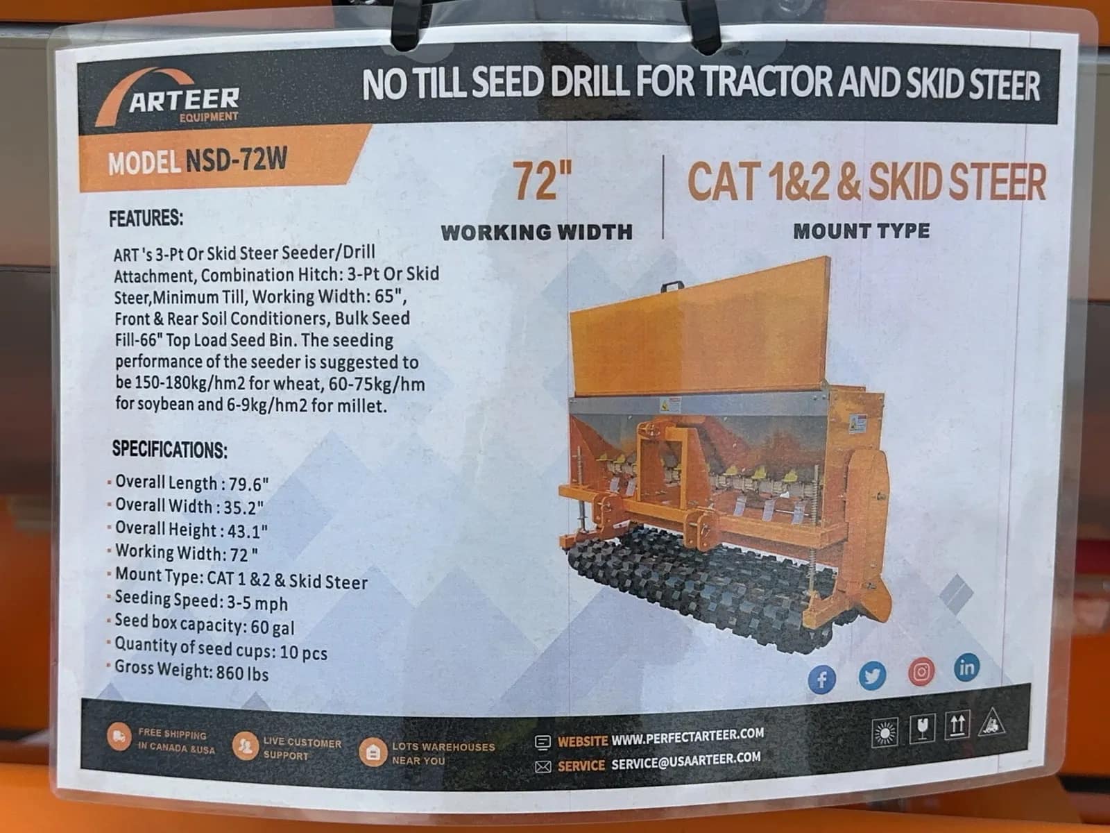 2026 Arteer NSD-72W No Till Seed Drill for Tractor and Skid Steer (Unused), photo 16 of 16