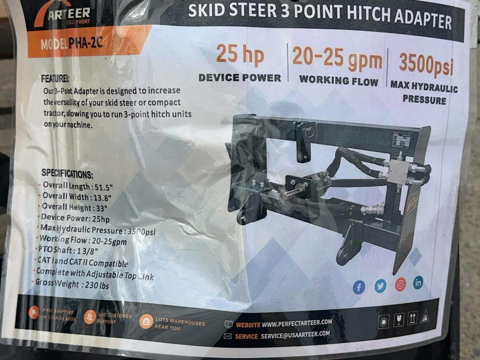 2026 Arteer PHA-2C Skid Steer 3-Point Hitch Adapter (Unused), photo 14 of 14
