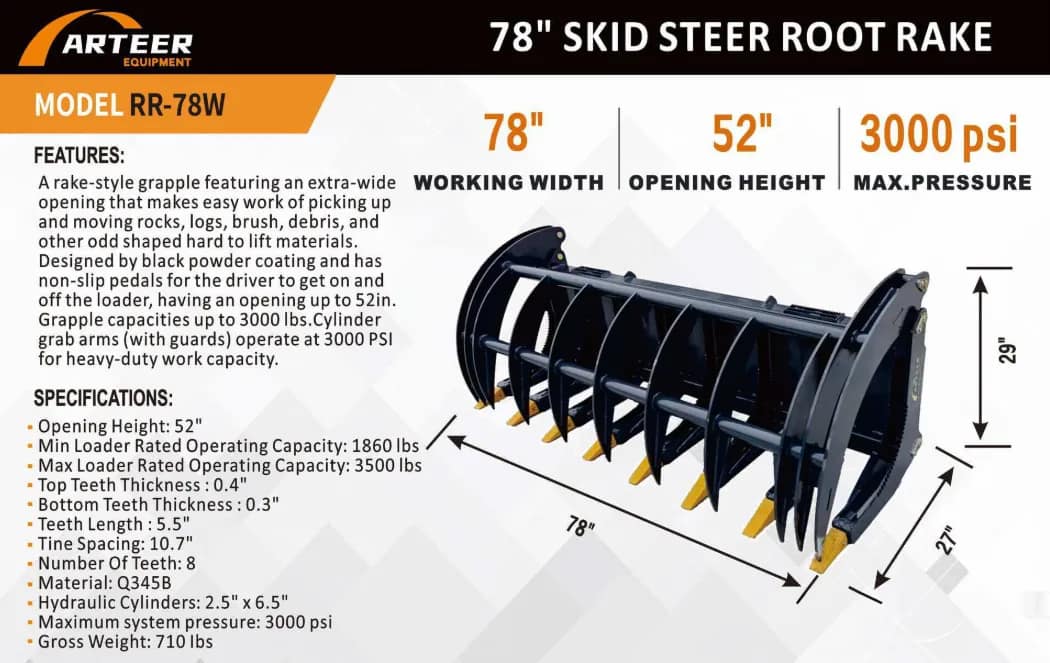 2026 Arteer RR-78W 78" Skid Steer Root Rake (Unused), photo 1 of 12
