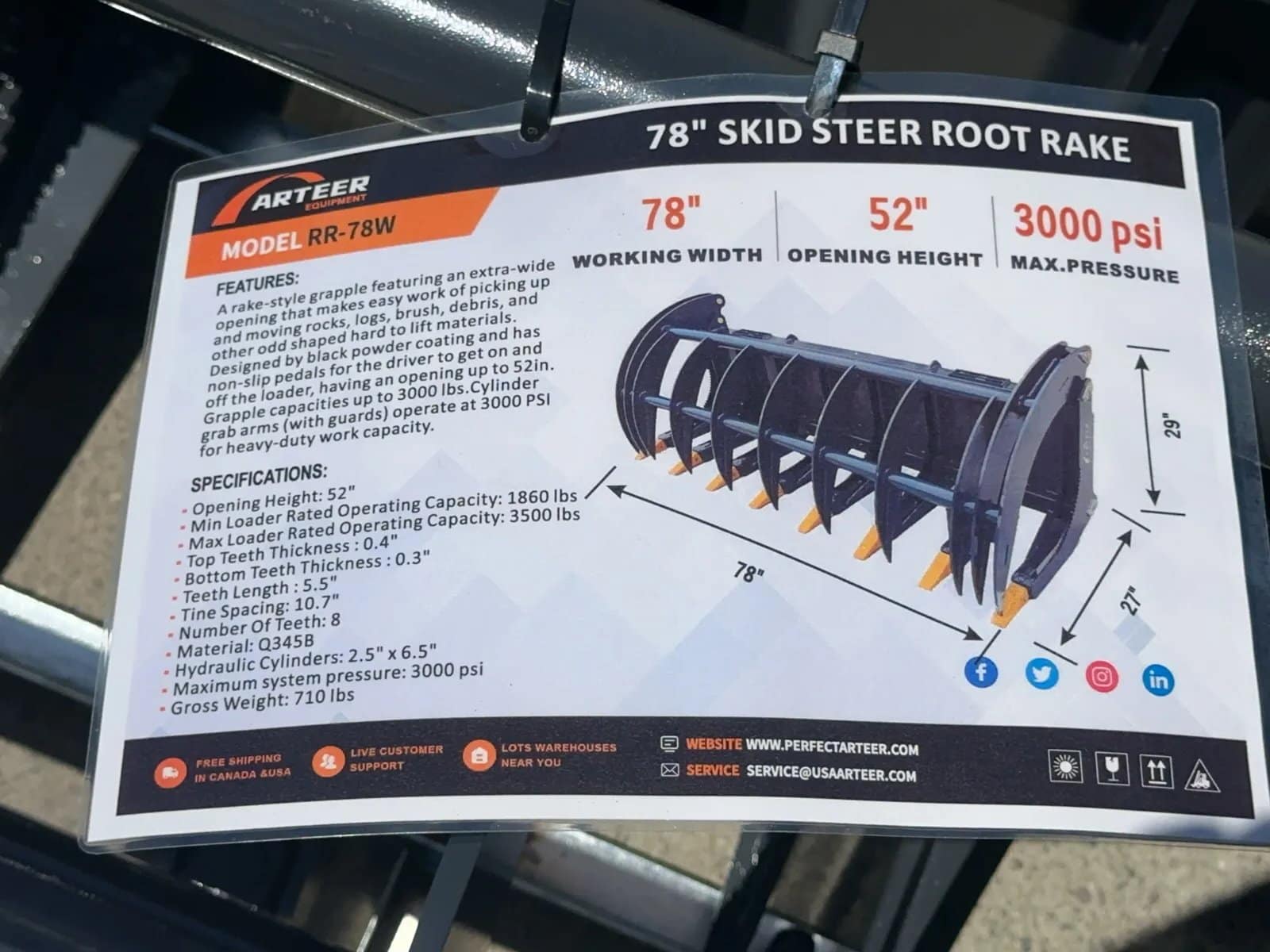 2026 Arteer RR-78W 78" Skid Steer Root Rake (Unused), photo 12 of 12