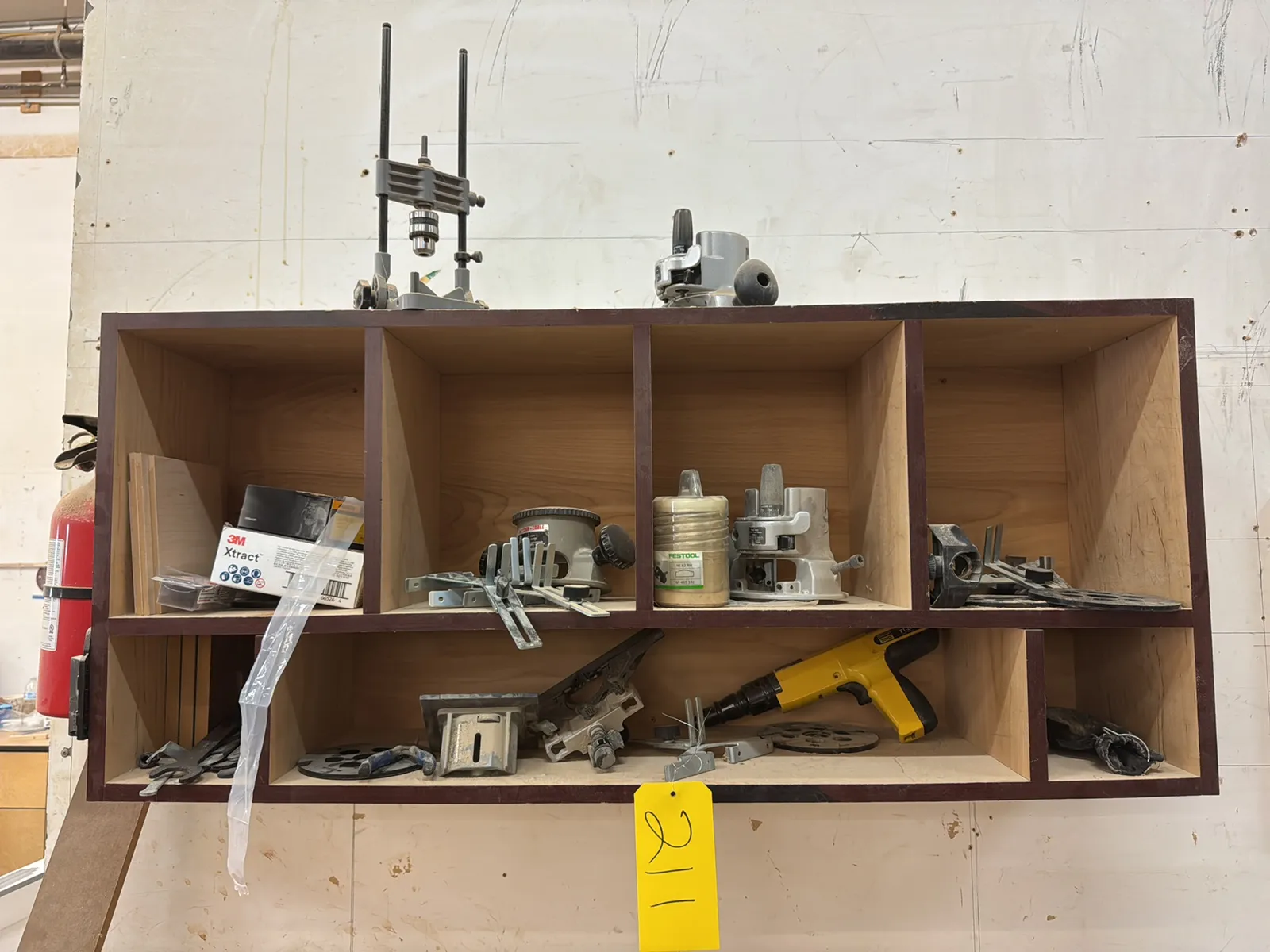 Rolling Cabinet And Wall Mounted Cabinet With Contents: Assorted Router Accessories, Woodworking Tools And More, photo 3 of 11