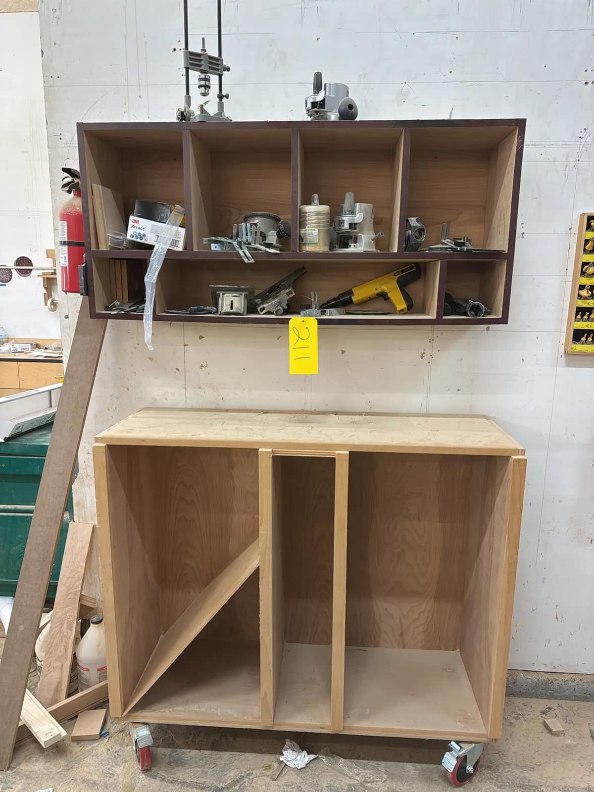 Rolling Cabinet And Wall Mounted Cabinet With Contents: Assorted Router Accessories, Woodworking Tools And More, photo 1 of 11