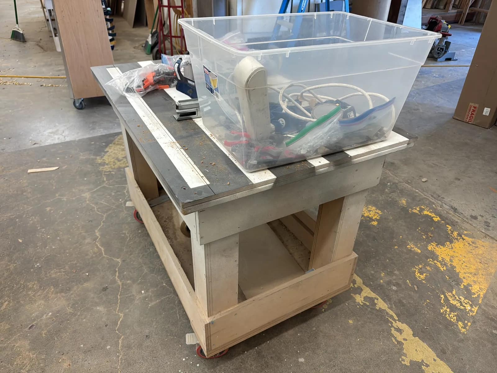 Rolling Wood Table With Contents: Assorted Cabinet Making Hardware, Tools And More, photo 6 of 11